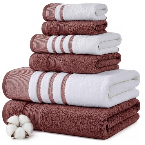 Modern Threads 6-Piece Towel Set – 100% Cotton, Quick Dry, Ultra Absorbent – Includes 2 Bath, 2 Hand, 2 Washcloths (White/Reinhart Rose) - color: Rose, style: Classic Stripe