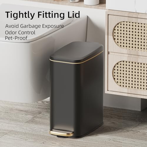 KUK Slim Bathroom Trash Can with Lid, 1.6 Gal / 6L Stainless Steel Small Garbage Bin with Detachable Inner Bucket, Step Pedal, Silent Close, Wastebasket for Toilet, Bedroom, Home, Office (Black) - color: Matt Black