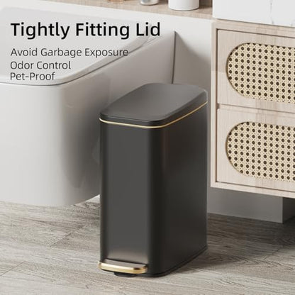 KUK Slim Bathroom Trash Can with Lid, 1.6 Gal / 6L Stainless Steel Small Garbage Bin with Detachable Inner Bucket, Step Pedal, Silent Close, Wastebasket for Toilet, Bedroom, Home, Office (Black) - color: Matt Black