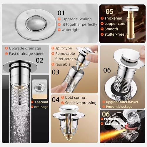 2 PCS 3-in-1 Bathroom Sink Drain Strainer Stopper，Stainless Steel Pop-up Strainer Basket Hair Catcher with Removable Basket, Brass Bullet Core, Universal Fit for Bathtubs, Showers & Floor Drains