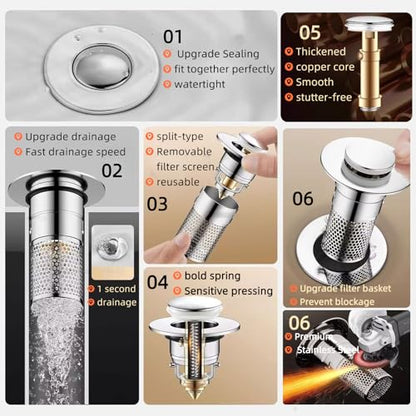 2 PCS 3-in-1 Bathroom Sink Drain Strainer Stopper，Stainless Steel Pop-up Strainer Basket Hair Catcher with Removable Basket, Brass Bullet Core, Universal Fit for Bathtubs, Showers & Floor Drains