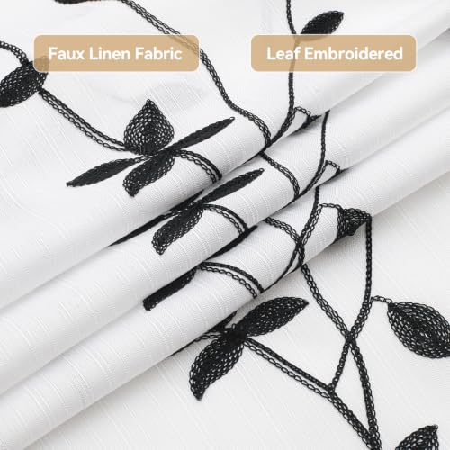 Embroidered Leaf Farmhouse Shower Curtain,Faux Linen,72Wx72L,White Black | Boho Modern Shower Curtain Set, Washable & Waterproof Fabric, Floral Shower Curtains for Bathroom with Hooks - color: White Black