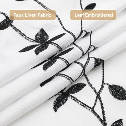 Embroidered Leaf Farmhouse Shower Curtain,Faux Linen,72Wx72L,White Black | Boho Modern Shower Curtain Set, Washable & Waterproof Fabric, Floral Shower Curtains for Bathroom with Hooks - color: White Black