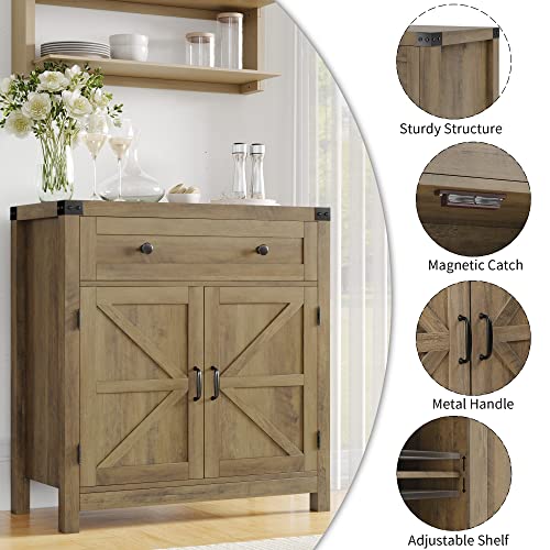 HOSTACK Kitchen Storage Cabinet, Farmhouse Coffee Bar Cabinet, Rustic Brown | Small Buffet Cabinet with Doors & Wide Drawer, Wood Sideboard Buffet, Entry Table w/ Adjustable Shelf for Dining Living Room - color: Rustic Brown