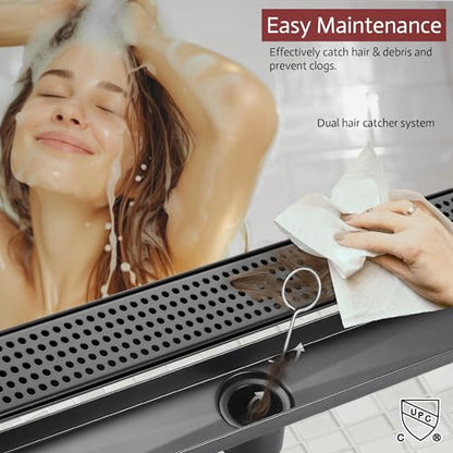 Linear Shower Drain, 28 inch Matte Black | Including Hair Catcher and Removable Grate, 304 Stainless Steel, Easy to Install and Clean (Drain Base Not Included) - color: Matte Black, size: 28 inch