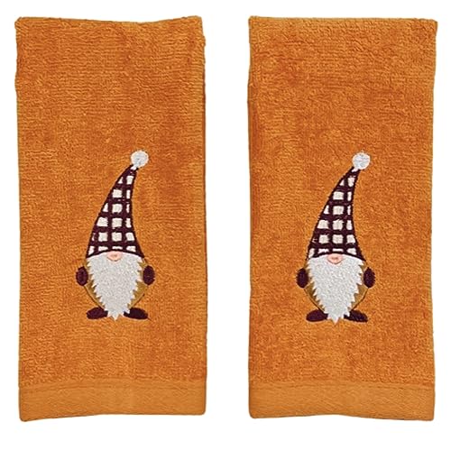 Fall Bathroom Hand Towels - Set of 2 Gnome on Rust Orange 12” x 18” Fall Décor for Bath and Kitchen - color: Plaid Gnome