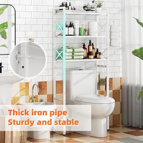 Simple Trending Over The Toilet Storage Rack with Toilet Paper Holder, Heavy Duty Metal 3 Tier Bathroom Organizer Shelf with 3 Hooks, White - color: 3 Tier White- Paper Holder