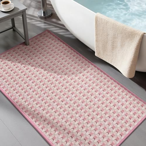 YIHOUSE Bathroom Rugs 16" x 32", Ultra Thin Checkered Weave Bath Mat - Soft Absorbent Quick Dry Bath Mat, Machine Washable Non Slip Bath Rugs for Bathroom, Shower & Tub, Pink White - color: Pink White, size: 16"x32"