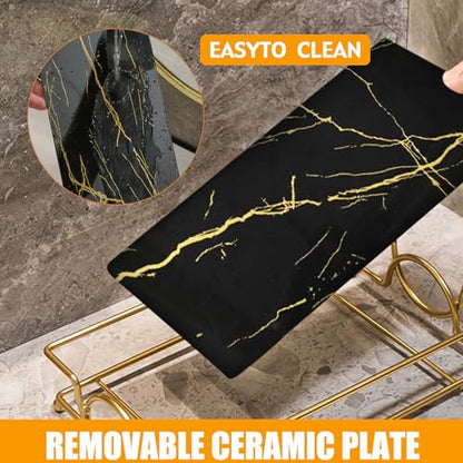 Large Bathroom Vanity Tray Black Gold Glass Counter Organizer | 12.6” Glass Handled Tray with Metal Frame, for Perfume, Skincare, Kitchen Counter, Coffee Bar, Entryway & Vanity - color: Black Gold-large