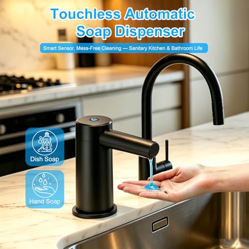 Automatic Touchless Dish Soap Dispenser for Kitchen Sink, Two Adjustable Dispensing Sink Soap Pumps, 38" Tube, Leak-Proof Plug-in, Built-in Fit for Bathroom Commercial (Black)