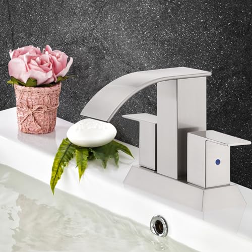 Brushed Nickel Waterfall Bathroom Faucet - 4Inch 2 or 3 Holes Centerset Faucet Bathroom | Two Handles RV Lavatory Basin Vanity Sink Faucets with Overflow Pop-up Drain Assembly & Supply Lines - color: B-Brushed Nickel 4In