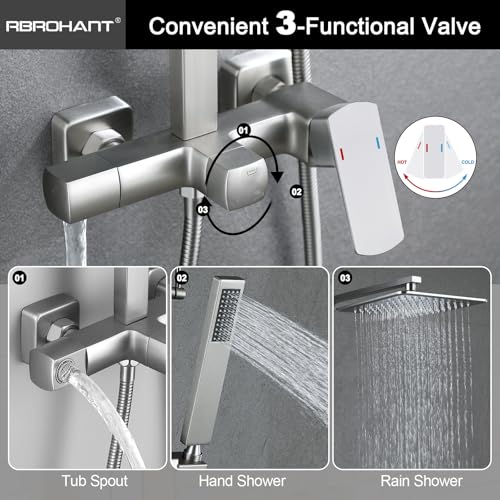 RBROHANT Brushed Nickel Exposed Shower System with Tub Spout, Exposed Shower Fixtures for Bathroom with Brass 3-Functional Valve, Shower Height Adjustable, Wall Mounted - color: Brushed Nickel