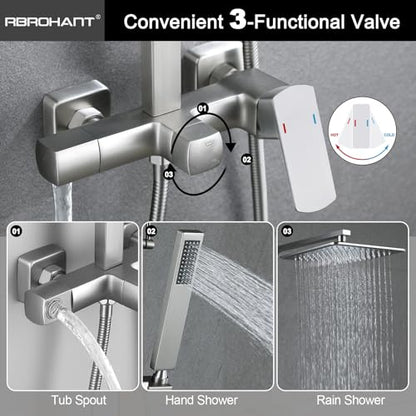 RBROHANT Brushed Nickel Exposed Shower System with Tub Spout, Exposed Shower Fixtures for Bathroom with Brass 3-Functional Valve, Shower Height Adjustable, Wall Mounted - color: Brushed Nickel