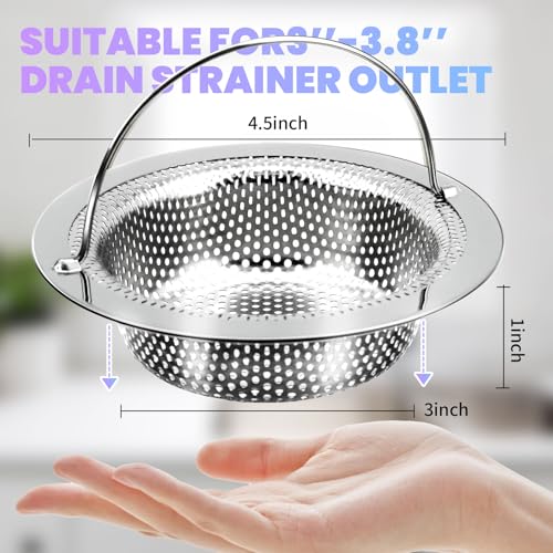 2 Pack Kitchen Sink Drain Strainer with Handle, Stainless Steel Large Kitchen Sink Drain Basket Food Catcher, Outer Diameter 4.5 Inch, Rust Free