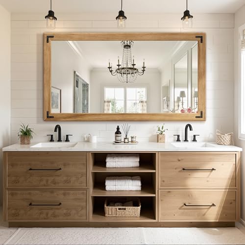 Wood Framed Bathroom Vanity Mirror for Wall, 30"x55" Farmhouse Mirror | Solid Wood Frame, HD Shatterproof Glass, Vertical/Horizontal Hanging, Ideal for Bathroom, Living Room, Bedroom - size: 30"L x 55"W