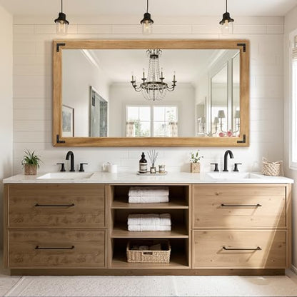 Wood Framed Bathroom Vanity Mirror for Wall, 30"x55" Farmhouse Mirror | Solid Wood Frame, HD Shatterproof Glass, Vertical/Horizontal Hanging, Ideal for Bathroom, Living Room, Bedroom - size: 30"L x 55"W