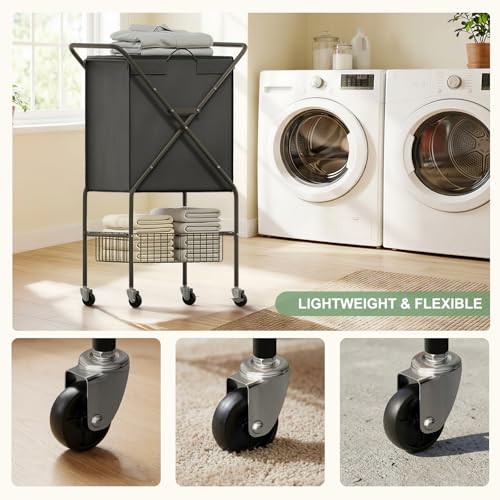 Laundry Basket with Wheels:88L Rolling Laundry Cart Foldable Metal Frame Dirty Clothes Laundry Hamper 36"H 4 Caster 2 Brake Waterproof Removable Liner Carry Handle for Dorm Laundry Room,Gray - color: Gray