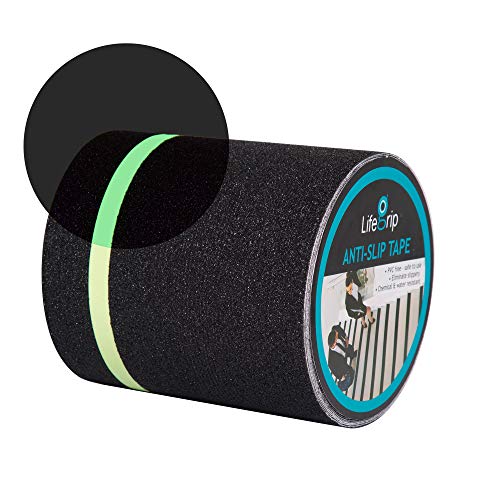 LifeGrip Anti Slip Traction Tape with Glow in the Dark Green Stripe, 6"x33' | Best Grip Tape, Friction, Abrasive Adhesive for Stairs, Tread Steps, Indoor and Outdoor, Waterproof, Visiable at Night - color: Black/Green, size: 6" X 30'