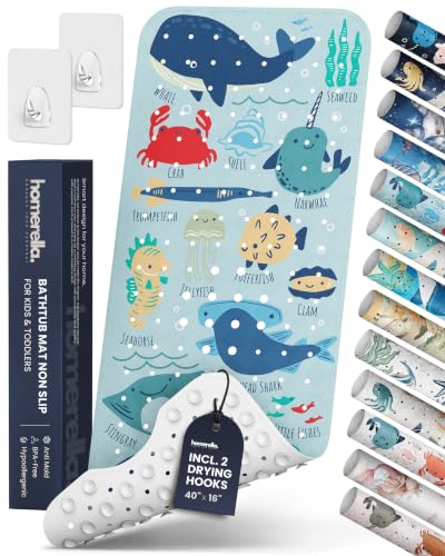 homerella Bathtub Mat Non Slip Kids 40x16 Baby Bath Mat Non Slip Anti Mold | 100% BPA Free, Non Toxic, Mildew Resistant, Machine Washable, Extra Long Kids Bath Mat for Tub Non Slip, Toddler Bath Mat - color: Light Blue Underwater Abc, size: 40" x 16" (Rec