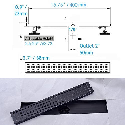 16" SUS304 Linear Shower Drain,Hair Strainer&Adjustable Feet,Matte Black | Nicmondo,2"US Standard Outlet,Sloped channel & checkered grate for fast anti-pooling drainage,indoor & outdoor multi-scene