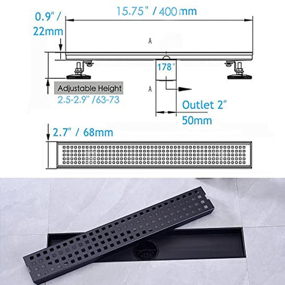 16" SUS304 Linear Shower Drain,Hair Strainer&Adjustable Feet,Matte Black | Nicmondo,2"US Standard Outlet,Sloped channel & checkered grate for fast anti-pooling drainage,indoor & outdoor multi-scene