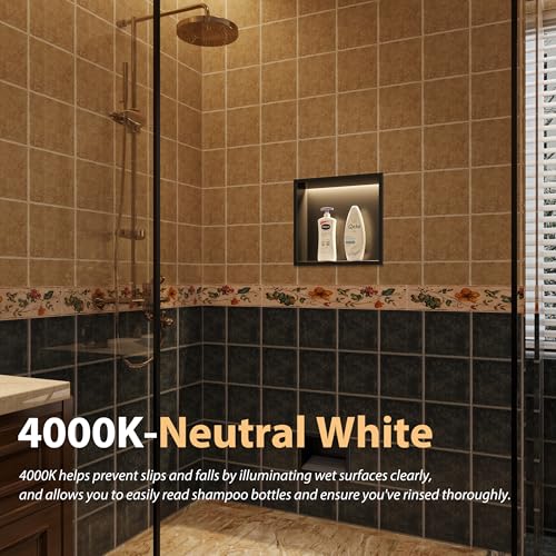 Qeke 12" X 12" Stainless Steel Shower Niche w/ 3 CCT Dimmable Light, Black | No Tile Needed Wall Niche, Recessed Niche w/ Light(3000K/4000K/6000K), IP66 Waterproof, Space Saving & Durable - color: Matte Black, size: 12" X 12"