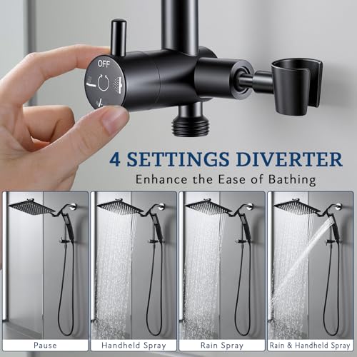 G-Promise All Metal Shower Diverter with Low Handheld Holder (Matte Black) | 10 Inch Downward-Extend Bracket for All Heights, 4 Spray Modes with Pause, Anti-Leak, Easy Install, Universal Replacement - color: Matte Black, size: Lower 9 Inch