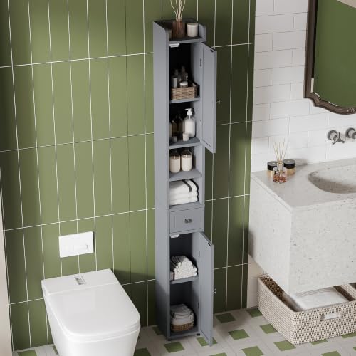 ChooChoo Narrow Bathroom Storage Cabinet with Adjustable Shelves and Drawer | Tall Slim Storage Cabinet, Freestanding Cupboard for Small Spaces, Grey