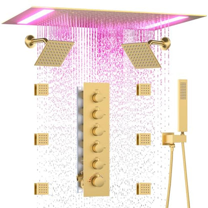 HOMEDEC Bathroom Shower Faucet Set with 14x20inch LED and Dual 6inch Shower Heads, 5 Way Thermostatic Diverter Valve Shower Valve Kit, Brushed Gold - color: Brushed Gold, style: 5-Way + 2x 6" Top