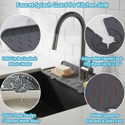Silicone Faucet Handle Drip Catcher Drying Tray Mat Dish Soap Sponge Holder Accessories Gadgets for Kitchen Counter Bathroom Kitchen Sink Splash Guard (Gray, 14.56") - size: 14.6" x 5.5"