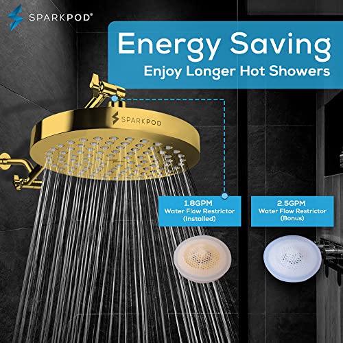 SparkPod Rain Shower Head, 8 Inch Round, Egyptian Gold Finish | High Pressure Shower Heads, 90 Nozzles, Adjustable Showerhead, No Tools Needed, Universal Connection - color: Egyptian Gold, style: 8 Inch Round