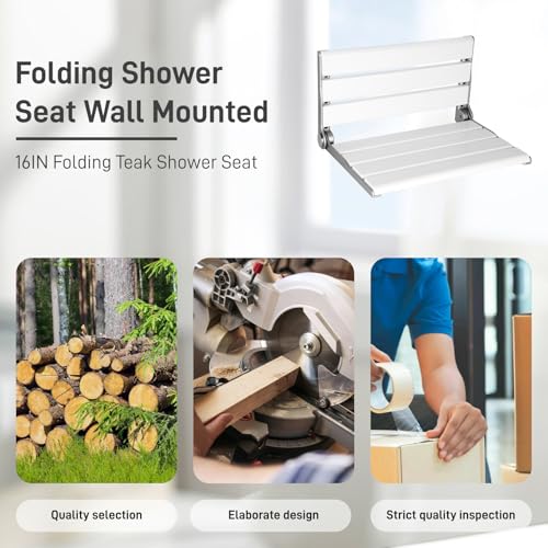 Wall Mounted Shower Seat – 16IN Teak Fold Down Shower Seat for Elderly, Disabled & Pregnant Women – Sturdy Shower Benches for Inside Shower with 400LB Capacity – 2026 Premium White Shower Bench - color: White