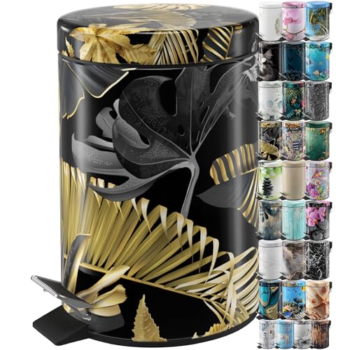 Sanilo Small Bathroom Trash Can with Lid [1.3 Gallon] - Lidded Tiny Trashcan for Garbage - Mini Metal Bin with Soft Closing Mechanism - Bath Room Accessoire Wastebin with Inner Bucket (Golden Leaves) - color: Golden Leaves