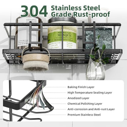Simple Trending 6 Pack Shower Caddy Adhesive, Rustproof Shower Shelves | Stainless Steel Shower Organizer with Large Capacity, No Drilling Bathroom Organizers and Storage for Home Decor, Black