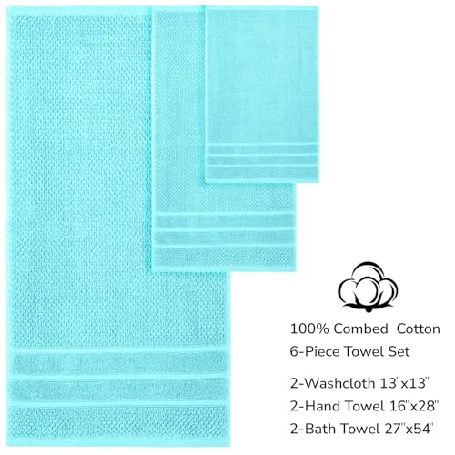 Feather & Stitch 100% Cotton 625 GSM Bath Towel Set of 6, Ultra Soft Highly Absorbent 2 Bath Towels, 2 Hand Towels & 2 Washcloth - Luxury Quick Dry Shower Towels (Aqua) - color: Aqua