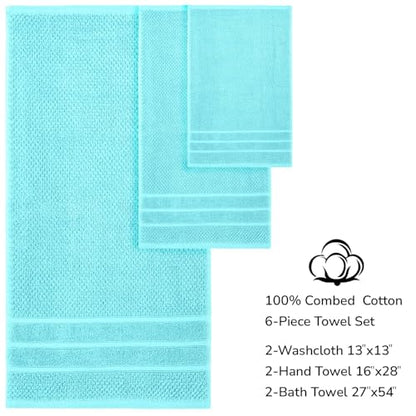Feather & Stitch 100% Cotton 625 GSM Bath Towel Set of 6, Ultra Soft Highly Absorbent 2 Bath Towels, 2 Hand Towels & 2 Washcloth - Luxury Quick Dry Shower Towels (Aqua) - color: Aqua