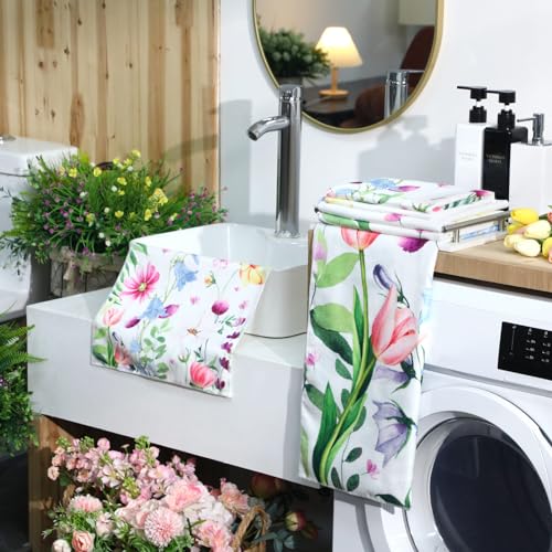 Preboun 3 Pack Floral Hand Towels Spring Bathroom Towels Set Watercolor Wildflower Hand Towels Butterfly Bath Towels Plant Leaves Dish Towels for Bathroom Kitchen Hotel Gym Spa - color: Pink, Blue, Yellow, style: Flower