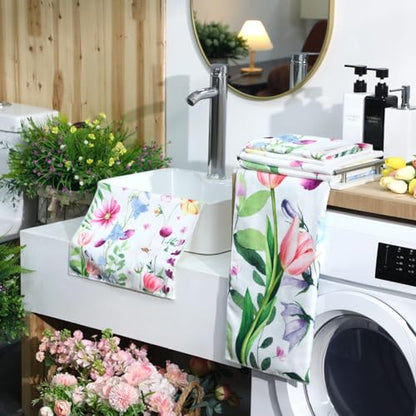 Preboun 3 Pack Floral Hand Towels Spring Bathroom Towels Set Watercolor Wildflower Hand Towels Butterfly Bath Towels Plant Leaves Dish Towels for Bathroom Kitchen Hotel Gym Spa - color: Pink, Blue, Yellow, style: Flower