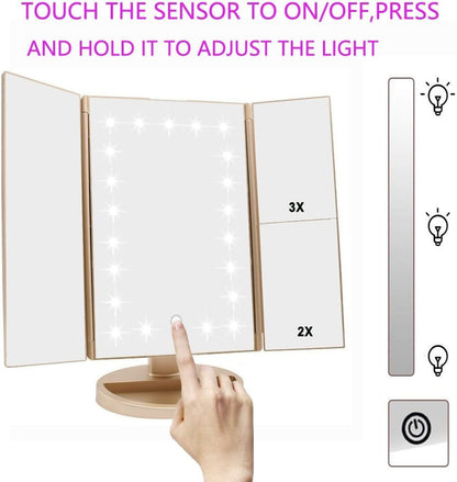 Flymiro Tri-fold Lighted Vanity Makeup Mirror with 3x/2x/1x Magnification, 21Leds Light and Touch Screen,180 Degree Free Rotation Countertop Cosmetic Mirror,Travel Makeup Mirror (Gold) - color: Gold