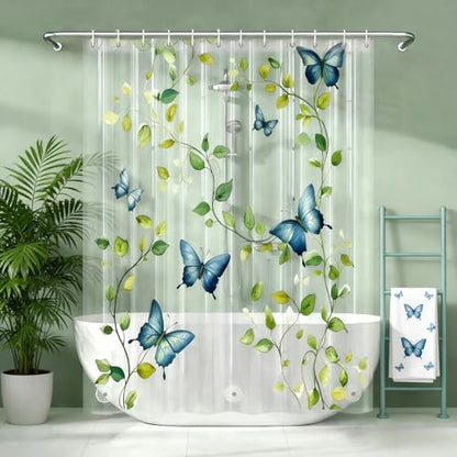 Clear Green Vine Blue Butterfly Shower Curtain Liner, Plastic Transparent Green Plant Shower Curtains for Bathroom, 72x72 Weighted Magnetic Shower Curtain Set with 12 Hooks - color: Clear Leaves Blue Butterfly, size: 72"W x 72"L (Pack of 1)