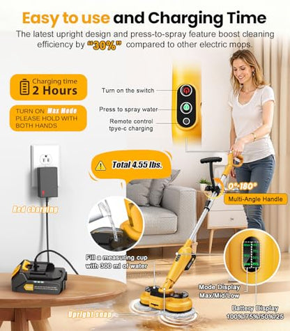 qimedo Cordless Electric Mop M3, 6000mAh, 2-in-1 Power Scrubber & Mops | 800RPM Floor Scrubber Machine, Automatic Spin Mops with Smart Display, Rotating Mop with LED Light & Water Spray