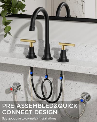 FORIOUS 8 Inch Widespread 3 Hole Bathroom Faucet Black and Gold, Mix Color | FORIOUS Widespread Bathroom Faucet Black and Gold Vanity, Two Handle Matte Black and Brushed Gold Bathroom Sink Faucet 3 Hole - color: Black&Gold