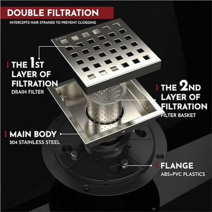 4 Inch Square Shower Floor Drain with Flange,Quadrato Pattern Grate Removable,Food-Grade SUS 304 Stainless Steel,Watermark&CUPC Certified,Brushed Nickel - color: Brushed Nickel, size: 4 Inch