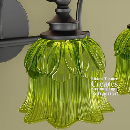 3-Light Vanity Light Over Mirror with Green Crystal Glass Shade | Valley-Lily Shaped Bathroom Light Fixture Black Antique Finish Wall Sconces Mirror Front Lighting for Hallway Living Room - size: 3-Light (Valley-Lily Shaped)