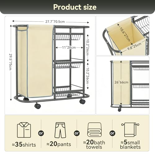 Narrow Laundry Cart with Wheels, 3 Baskets and 45L Laundry Bag | Metal Rolling Cart for Small Space, Laundry Room Organization and Storage, for Bathroom Living Room Apartment Dorm