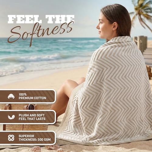 White Classic Cotton Beach Towels Oversized 35 x 70 Inches, Ultra Absorbent and Low Lint Luxury Pool Towels, Chevron Design, Beige, 2 Pack - color: Chevron Beige