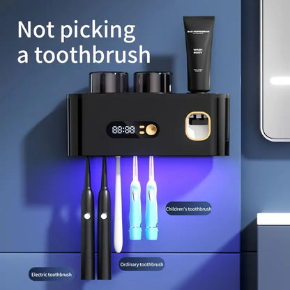 Toothbrush Holders for Bathrooms, UV Toothbrush Sanitizer and Holder Smart Home Bathroom Accessories, 2 Cups Electric Toothbrush Holder Wall Mounted with Toothpaste Dispenser Bathroom Decor