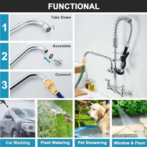 Commercial Sink Faucets with Sprayer 25 Inches Wall Mount Kitchen Faucet with Pull Down Pre-Rinse Sprayer and 10" Swivel Spout 8 Inch Center Compartment Sink Faucet - size: Wall 25 Inches