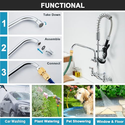 Commercial Sink Faucet with Sprayer 36 Inches Height Wall Mount Kitchen Sink Faucet with Pull Down Pre-Rinse Sprayer and 12" Swivel Spout 8 Inch Center for Compartment Sink - size: Wall 36 Inches