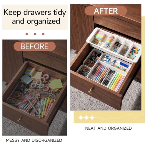 27 Pcs Deep Drawer Organizer Bulk, 2 Expandable Hanging Trays with Plastic Drawer Dividers Organizers, Desk Drawers Organizer Trays for Makeup Kitchen, Bathroom, Office, Bedroom, White